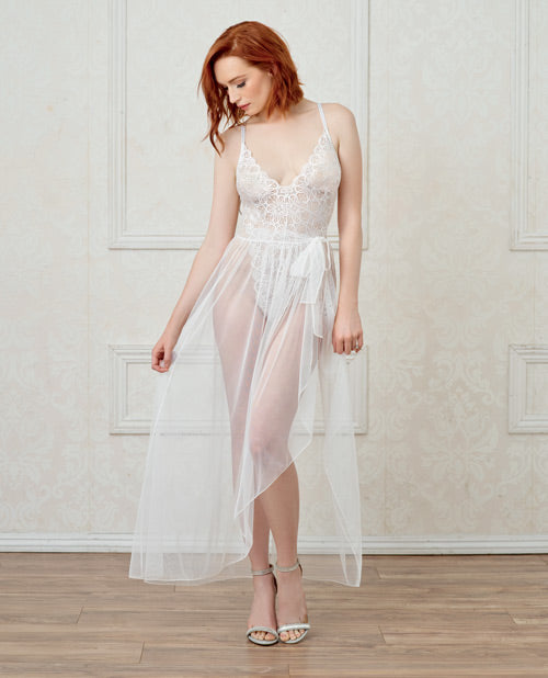 Stretch Lace Teddy & Sheer Mesh Maxi Skirt W-adjustable Straps & G-string White Lg