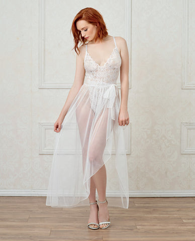 Stretch Lace Teddy & Sheer Mesh Maxi Skirt W-adjustable Straps & G-string White Lg