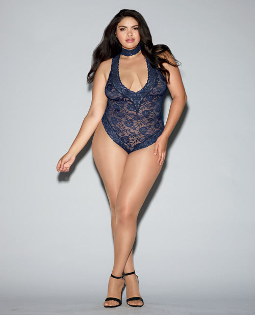 Strech Lace Collared Teddy W-back Zipper Closure & Thong Back Midnight Blue 2x