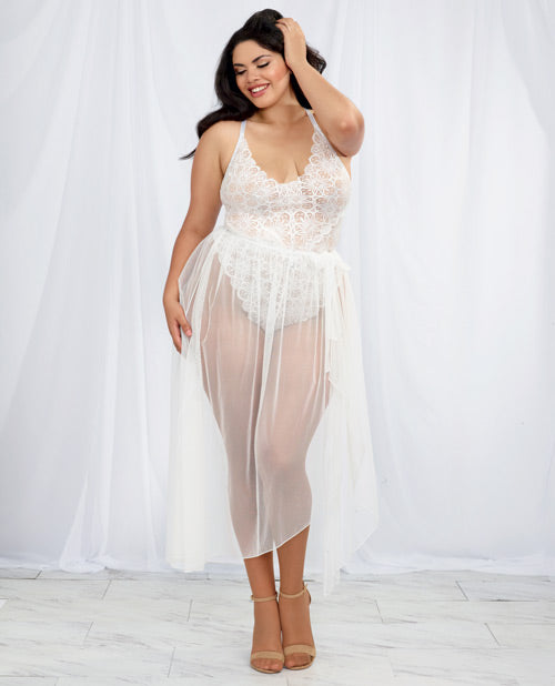 Stretch Lace Teddy & Sheer Mesh Maxi Skirt W-adjustable Straps & G-string White 2x