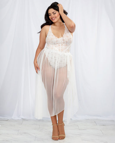 Stretch Lace Teddy & Sheer Mesh Maxi Skirt W-adjustable Straps & G-string White 3x