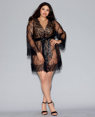 Long-sleeved Lace Kimono Robe W-eyelash Trim & Attch. Satin Belt Black 1x