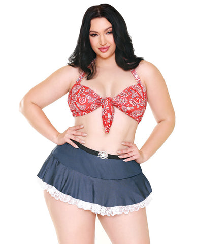 Curve Woodys Roundup Halter Bra, Skirt W-lace Trim & Ruffled Panty Red-blue 1x-2x