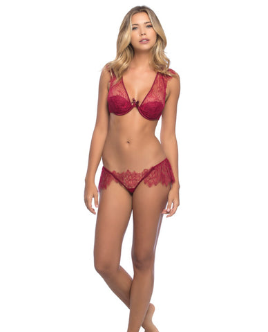 Colette Delicate Lace Bra & Skirted Lace Thong W-removable Garter Straps Rhubarb Lg