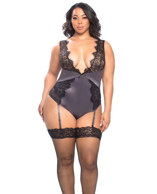 Arabella Lace & Satin Teddy W-ruched & Removable Garters Excalibur-black 1x