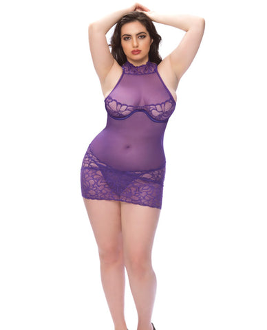 Dramatic Floral High Neck Babydoll W-lace Hem & G-string Grape 2x