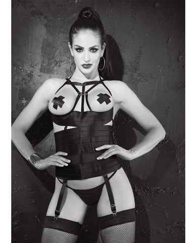 Satin Elastic Strppy Open Bust Bstier W-remvable & Adjustable Grters, Pasties G-string Black 38
